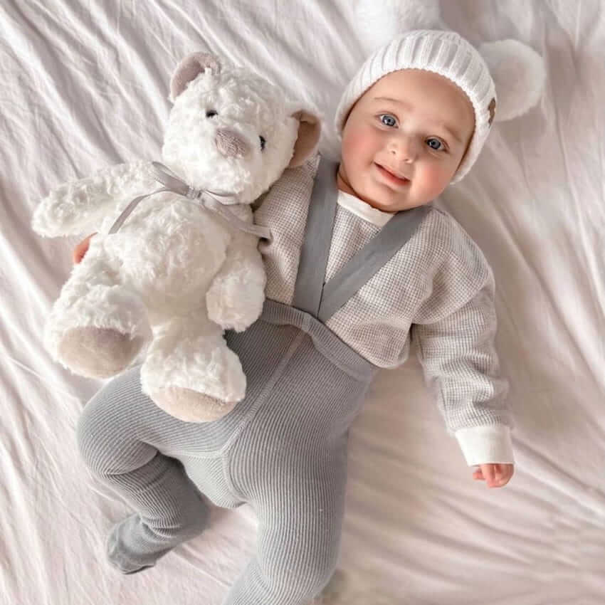 Baby boy wearing grey ribbed suspender tights - Lulu Babe