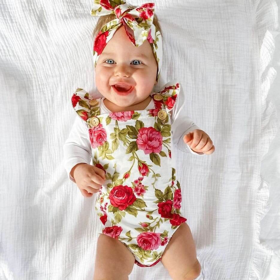 Ava Pinafore Romper | Floral Baby Romper with Headband - Lulu Babe