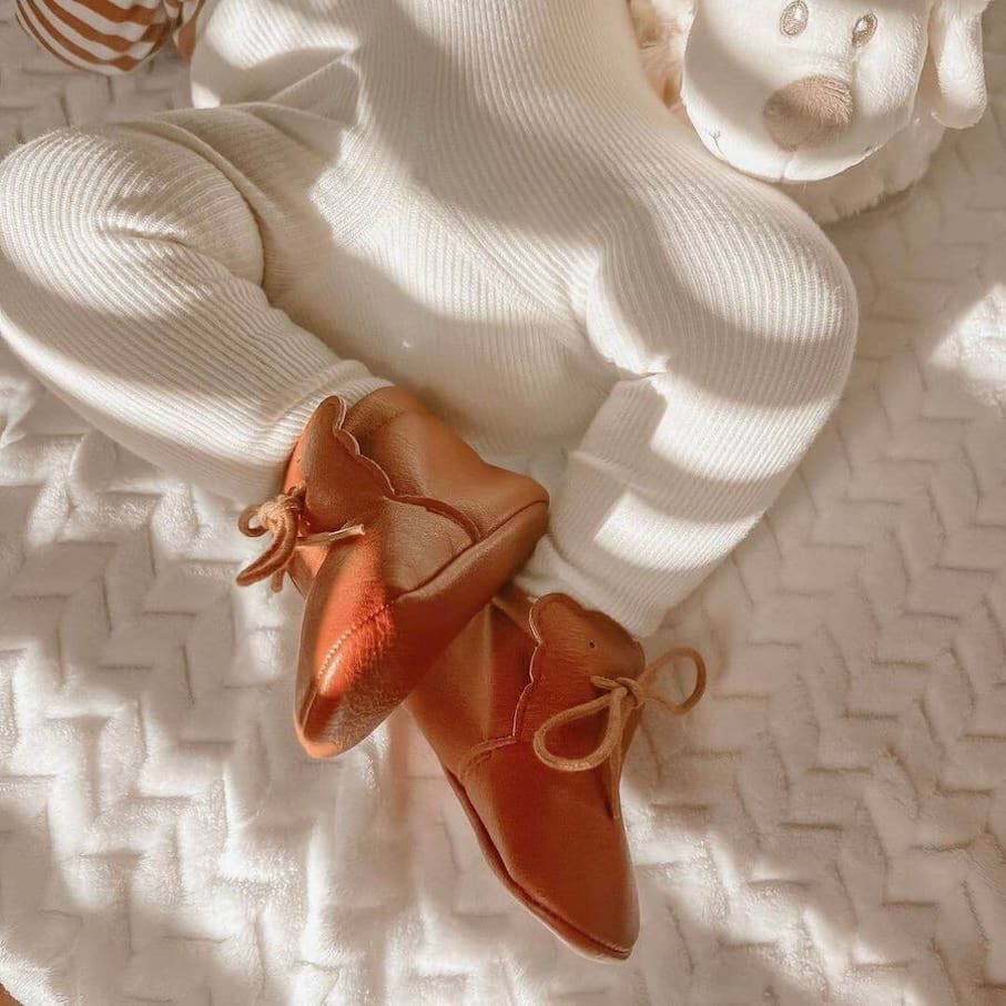 Baby wearing brown Baby Bear Shoes from Lulu Babe (in 0-6 months, 6-12 months & 12-18 months)