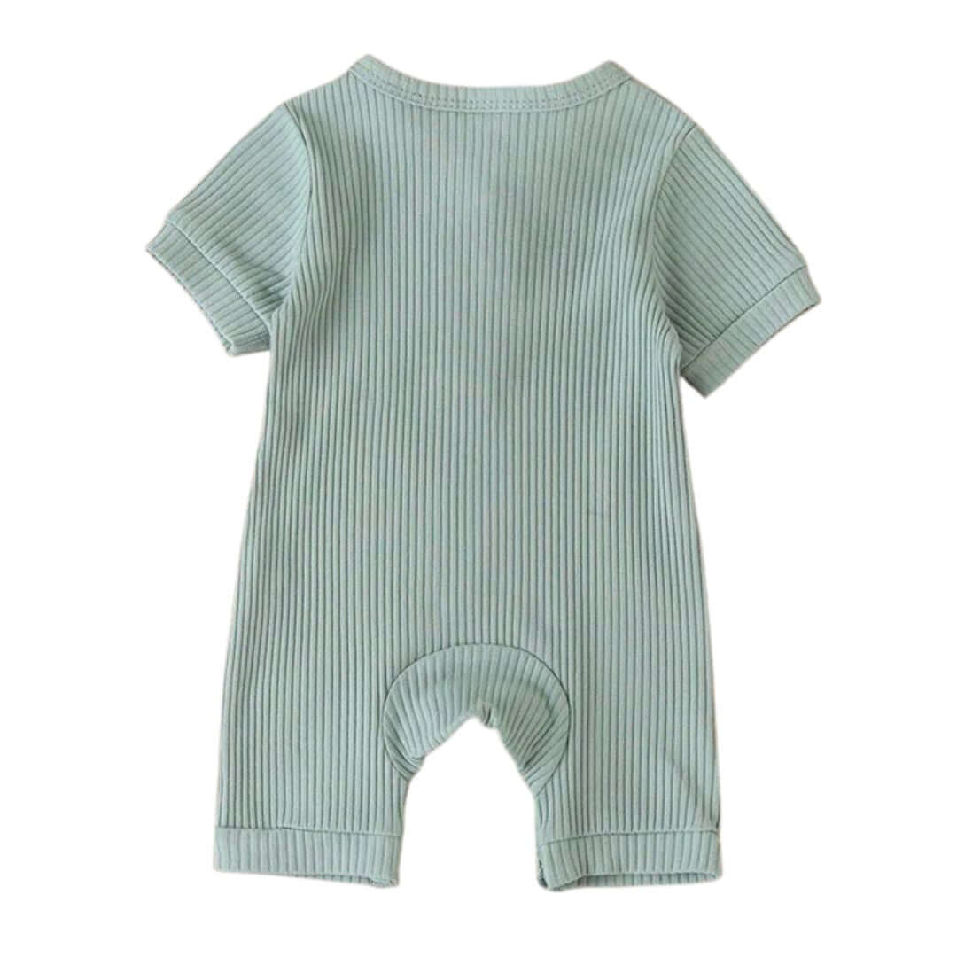 Back view of ribbed baby boy short sleeve romper in mint