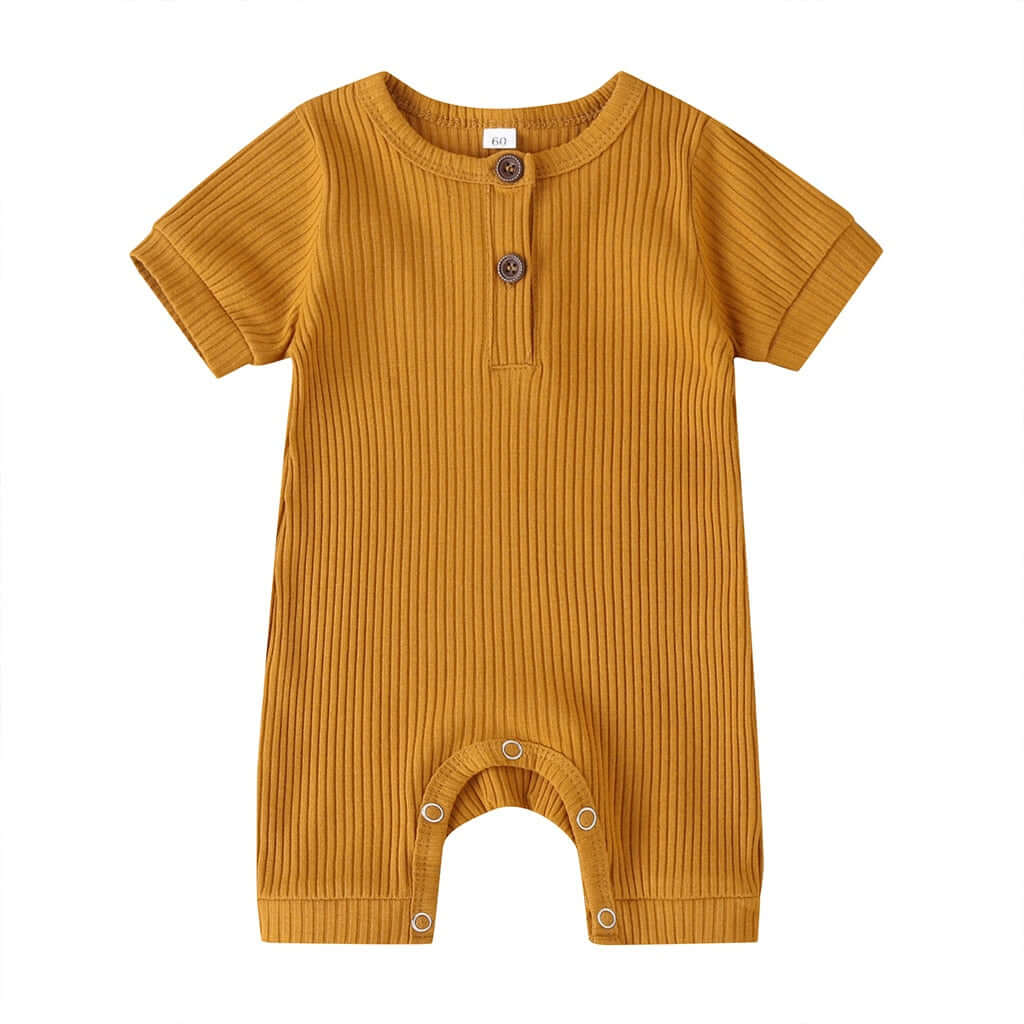 Baby boy short sleeve romper in mustard ribbed fabric with wooden button closure