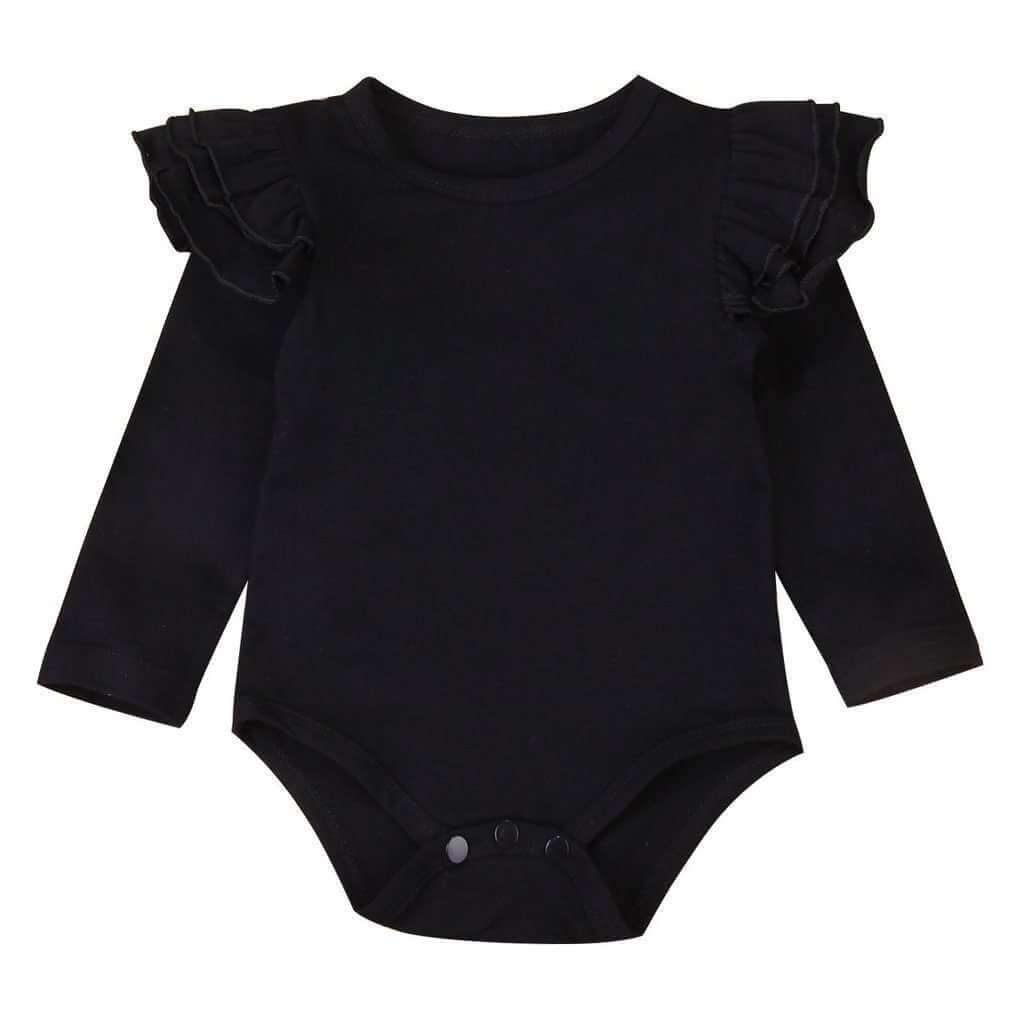 Long sleeve black baby bodysuit with flutter ruffle sleeves