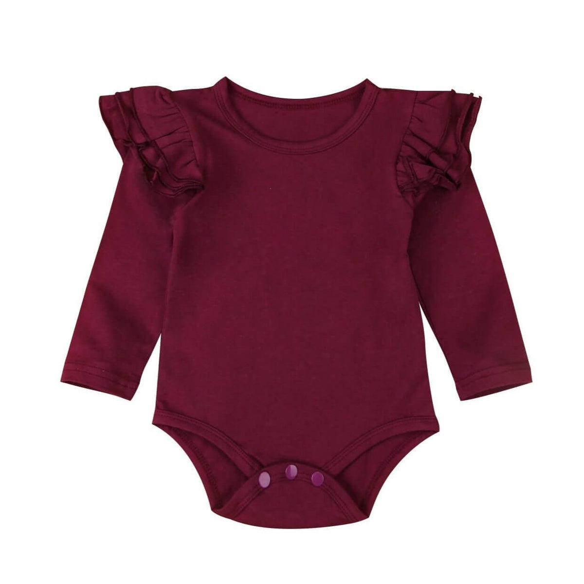 Long sleeve burgundy baby bodysuit with flutter ruffle sleeves