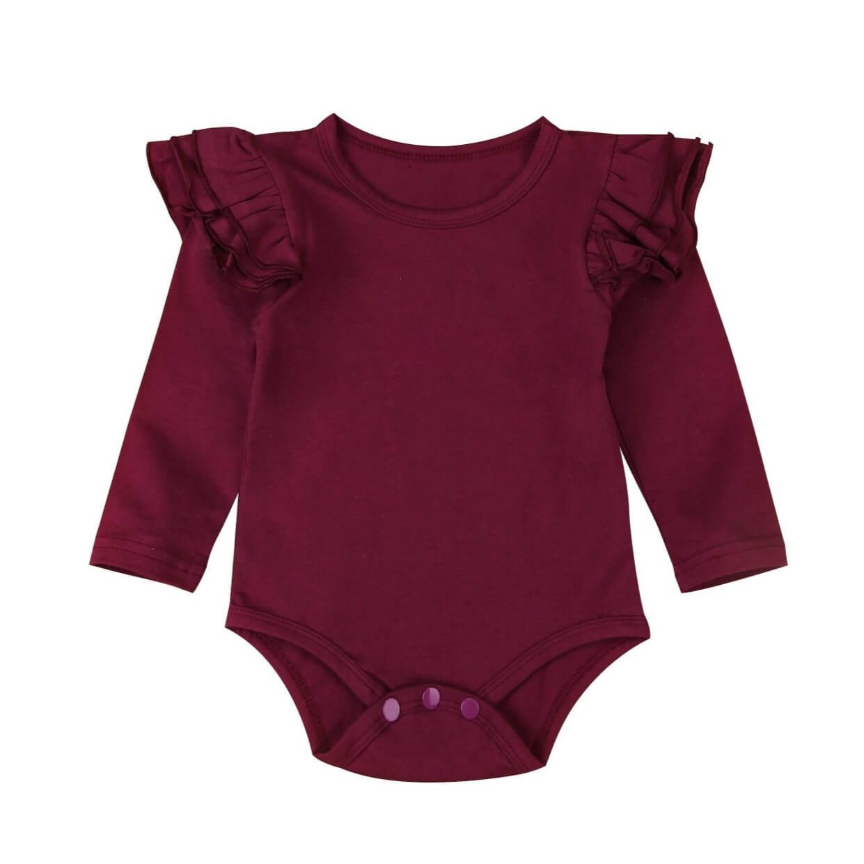 Long sleeve burgundy baby bodysuit with flutter ruffle sleeves