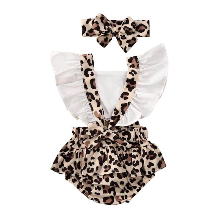 Back view of leopard pinafore baby girl romper