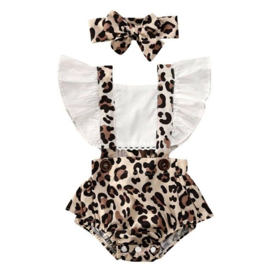 Leopard Pinafore with backless design for baby girls 0-24 months