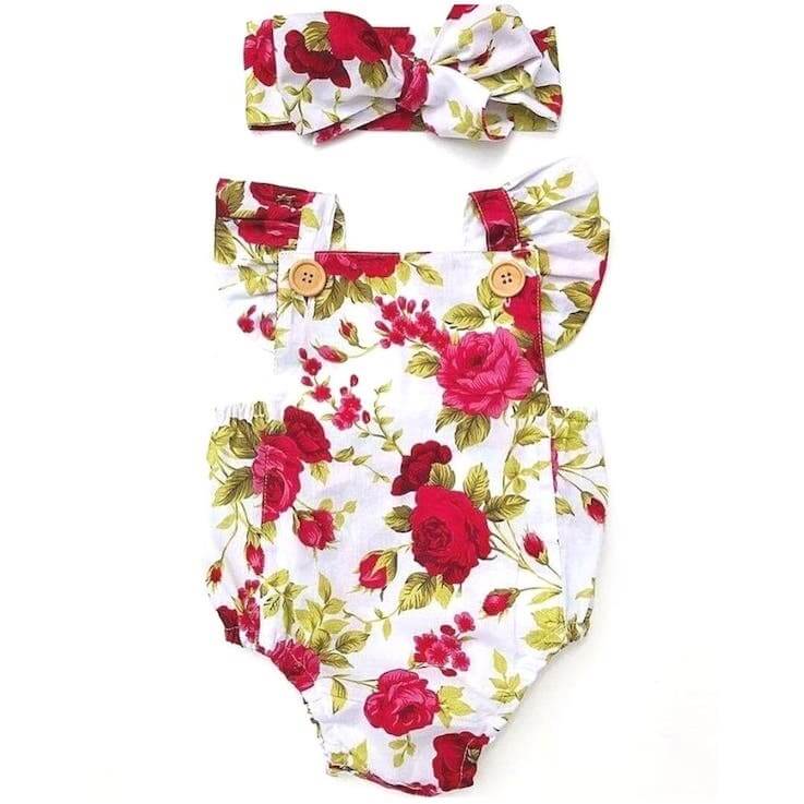 Ava floral baby romper pinafore style with matching headband