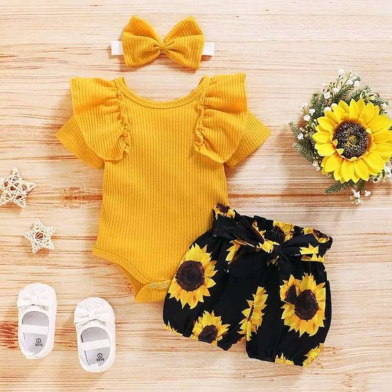 Ruffle Sunflower Baby Girl outfit (in 0-3 months, 3-6 months, 6-12 month &  12-24 months) - romper, shorts & headband