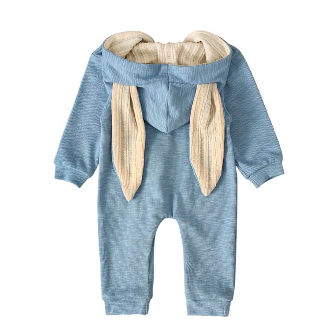 Blue hooded baby onesie with floppy bunny ears and zip closure