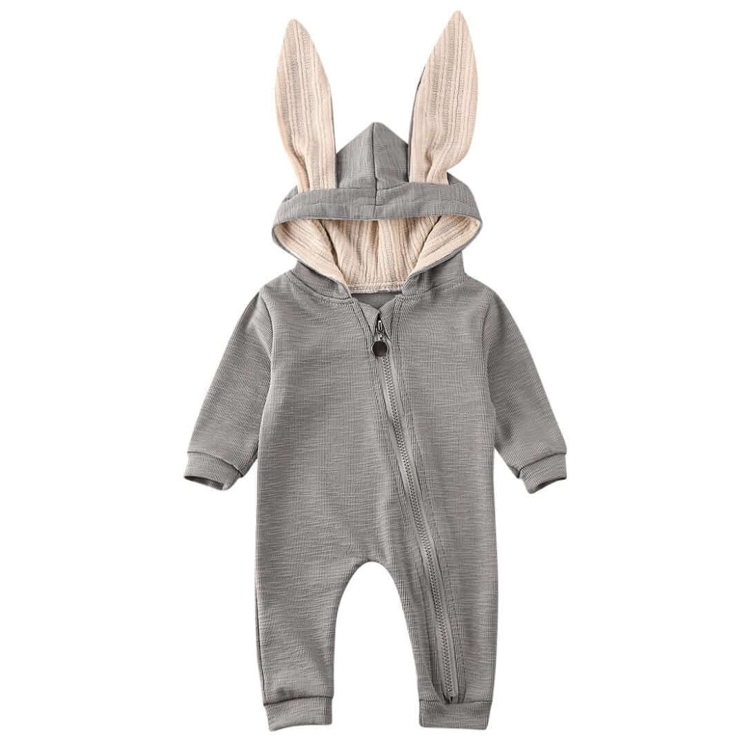 Bunny baby onesie with zip closure and floppy bunny ears on hood