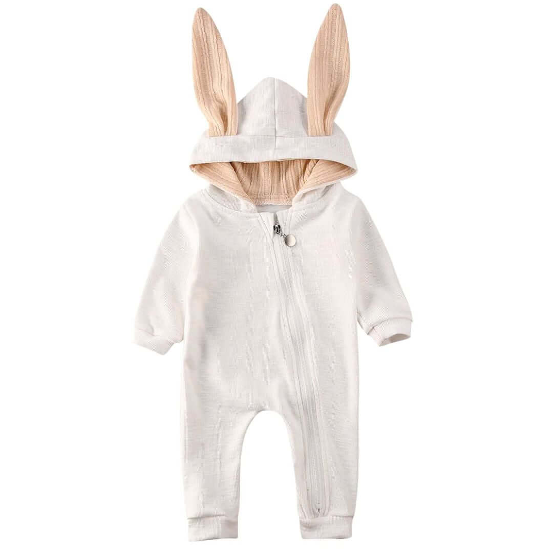 White hooded baby onesie with floppy bunny ears and zip closure