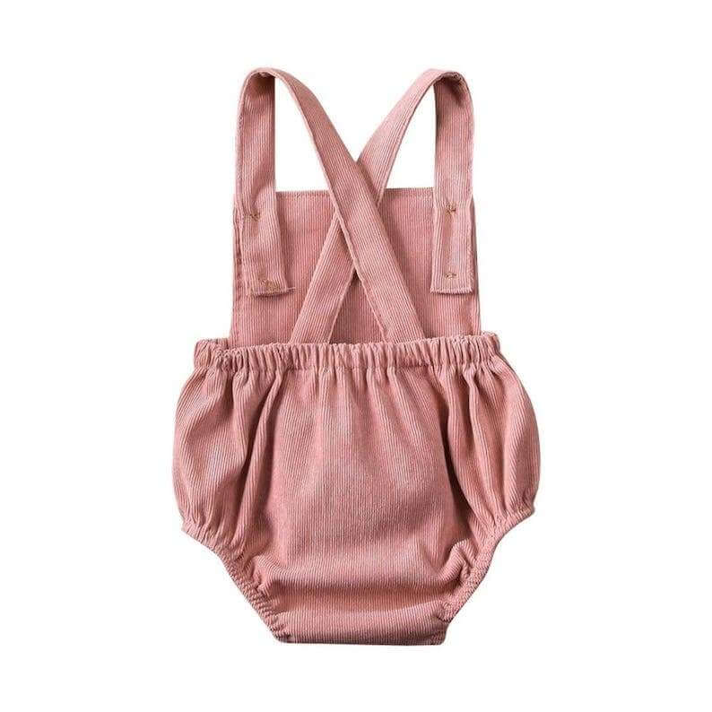 Back view of pink corduroy baby romper