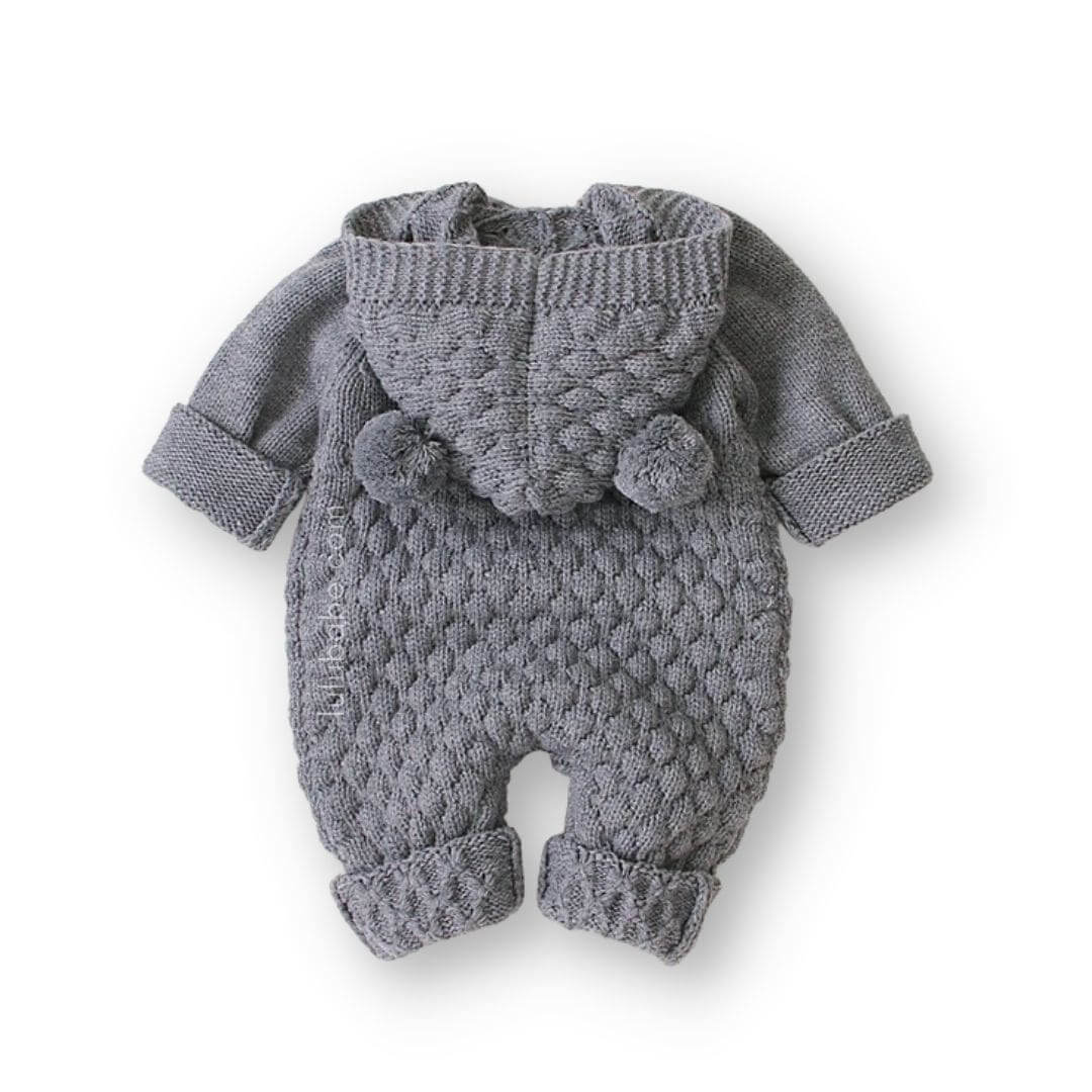 Back view of knit baby romper in grey with bear ear hood