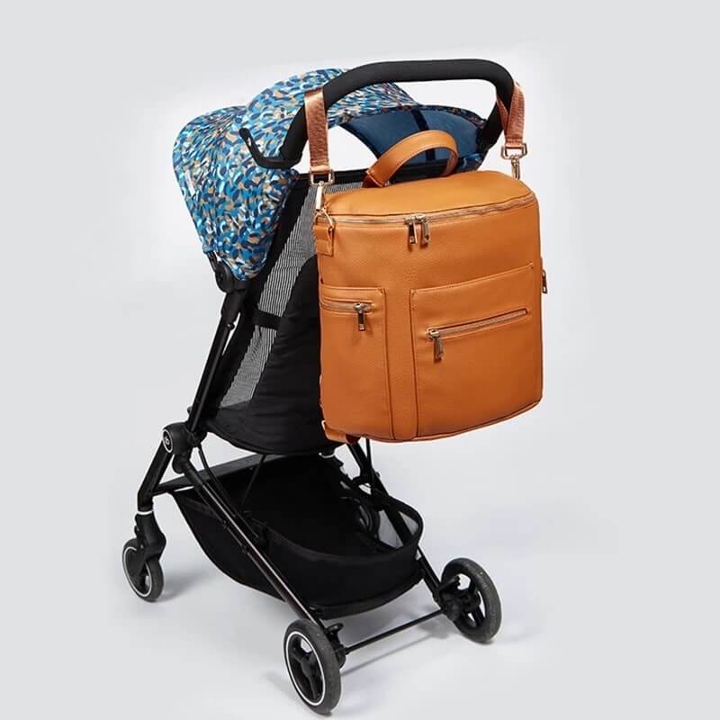 Brooklyn nappy bag in tan - attached to pram | Lulu Babe