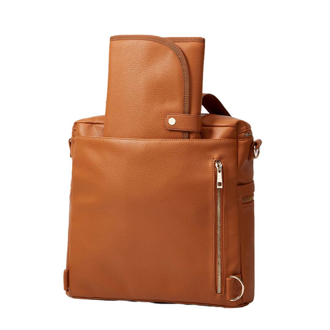 Brooklyn Nappy Bag Tan | Back view with change mat - Lulu Babe
