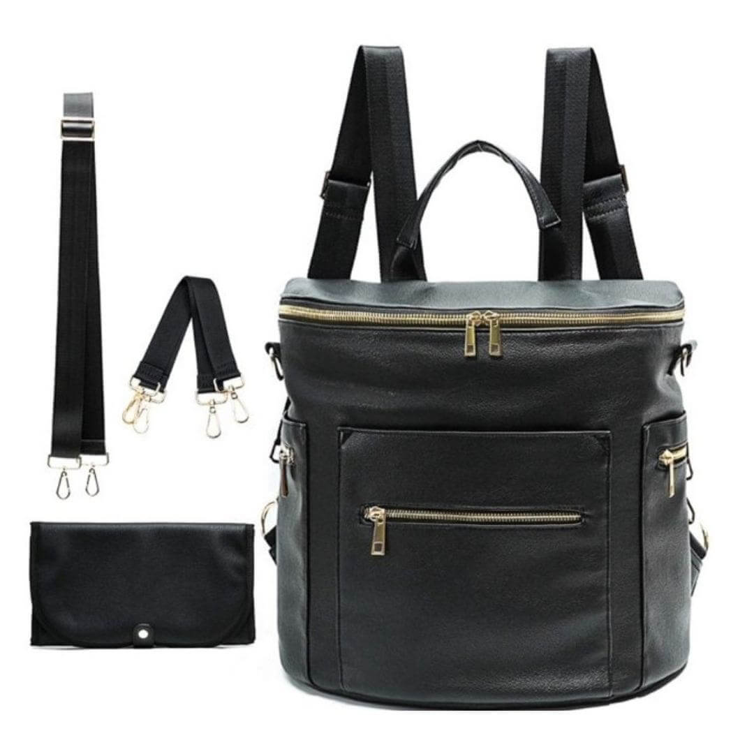 Brooklyn nappy bag in black vegan leather with accessories | Lulu Babe