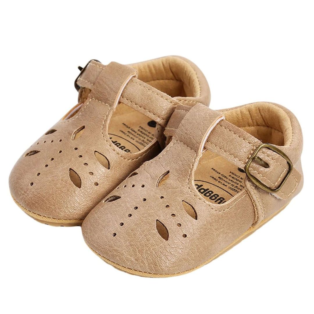 Cutout T-Bar Baby Shoes in beige vegan leather