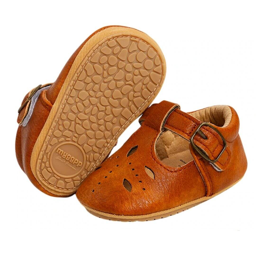 Cutout T-Bar Baby Shoes in tan vegan leather 