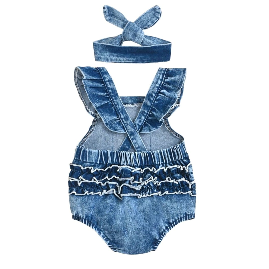 Baby Girl Denim Ruffle Rainbow Romper - Lulu Babe