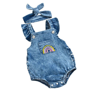 Baby Girl Denim Ruffle Rainbow Romper - Lulu Babe