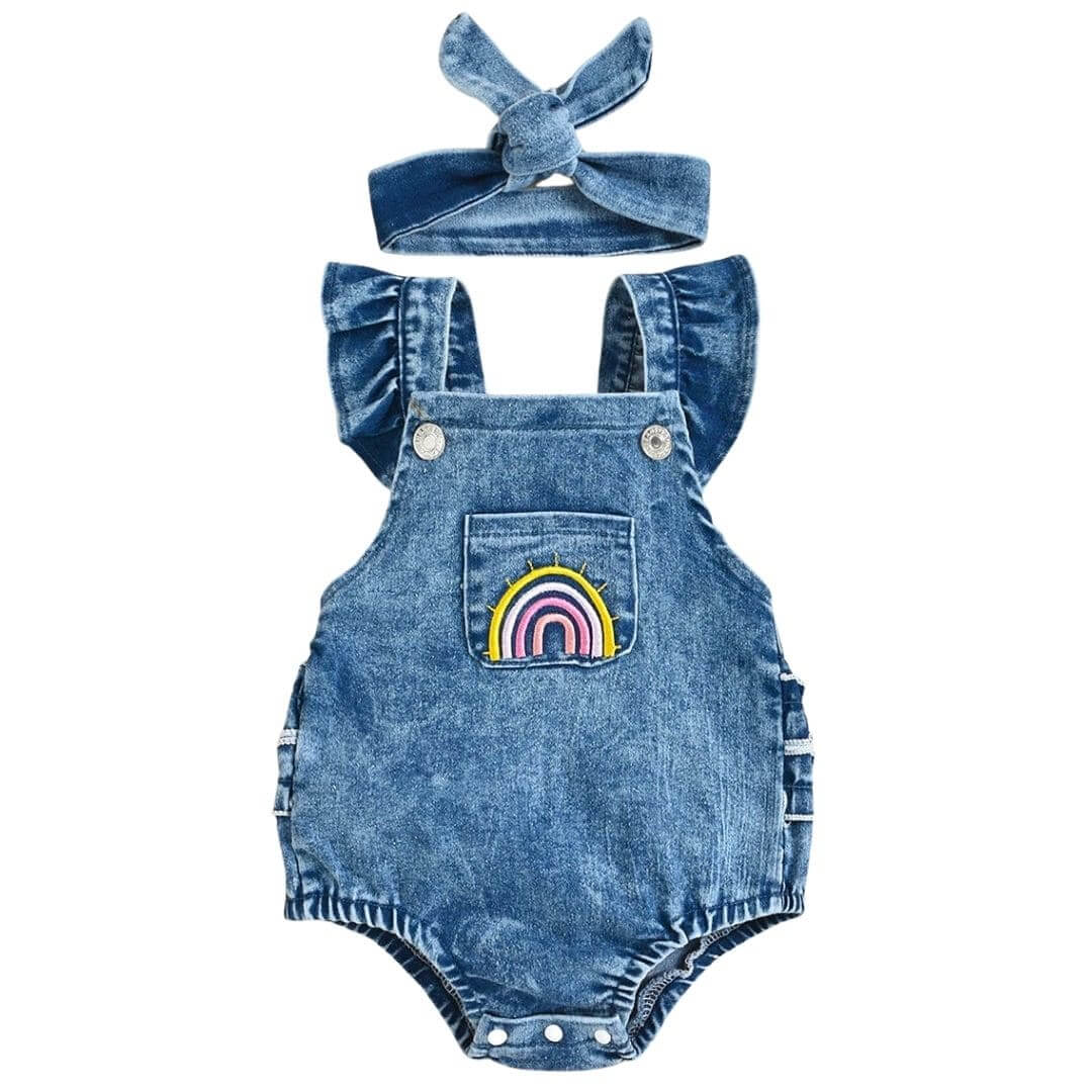Baby Girl Denim Ruffle Rainbow Romper - Lulu Babe