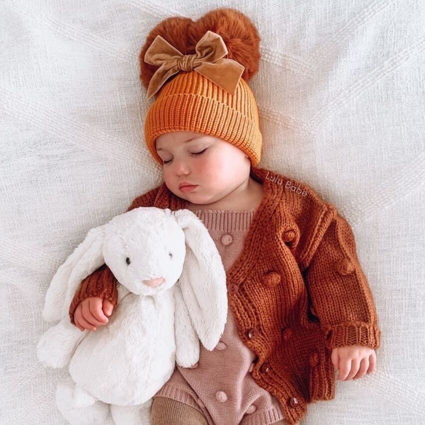 Double Pom Pom Baby Beanie | Girls Luxury Ribbed Beanie - Lulu Babe
