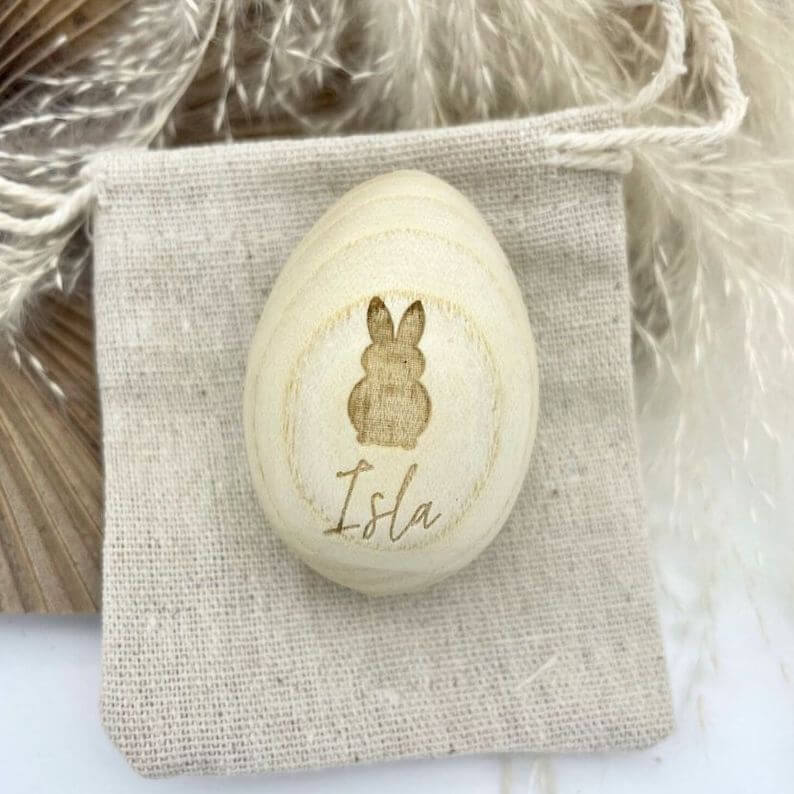 Personalised Wooden Bunny Egg Shaker Baby Rattle