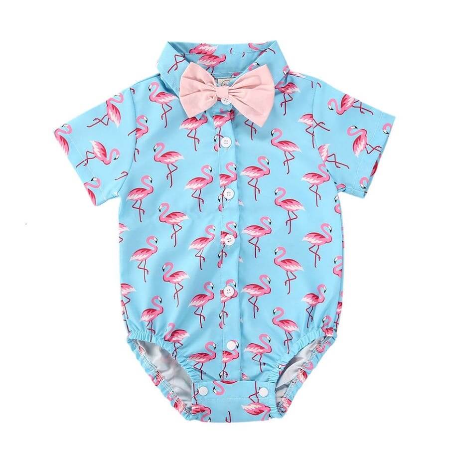 Baby Boy Flamingo Bow Tie Onesie - Blue &amp; Pink Collared Onesie - Lulu Babe