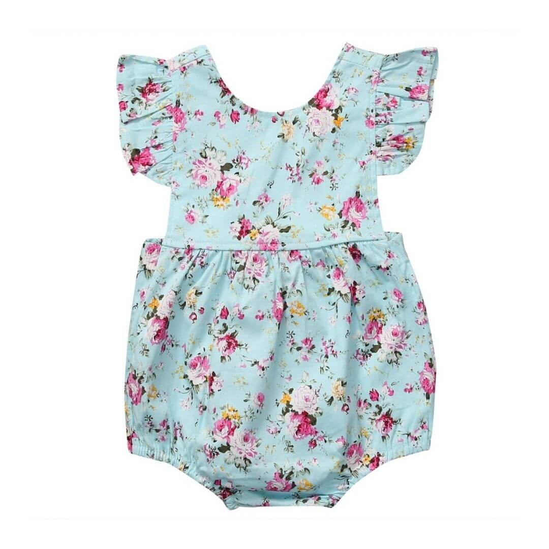 Baby Girl Floral Flutter Romper | Sweet Ruffle Onesie Blue - Lulu Babe