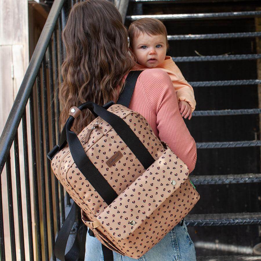 Babymel Georgi Eco Backpack Nappy Bag in caramel leopard - lifestyle image