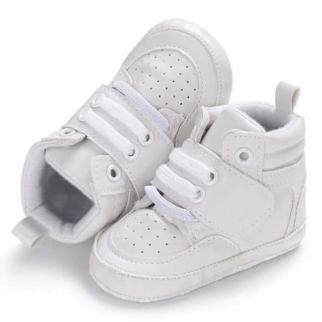 High Top Baby Sneakers White | Stylish Faux Leather Baby Shoes - Lulu Babe