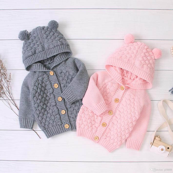 Knit Baby Bear Cardigan with Hood in grey & pink - Lulu Babe