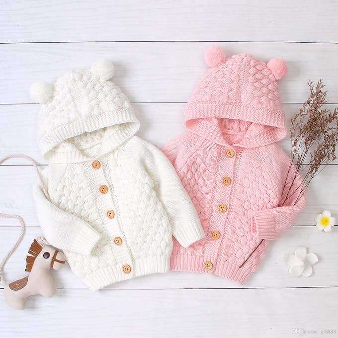 Knit Baby Bear Cardigan with Hood in white & pink - Lulu Babe
