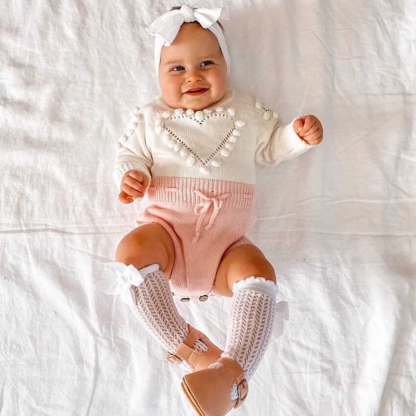 Baby Girl Knit Heart Romper | Adorable Long Sleeve Onesie - Lulu Babe