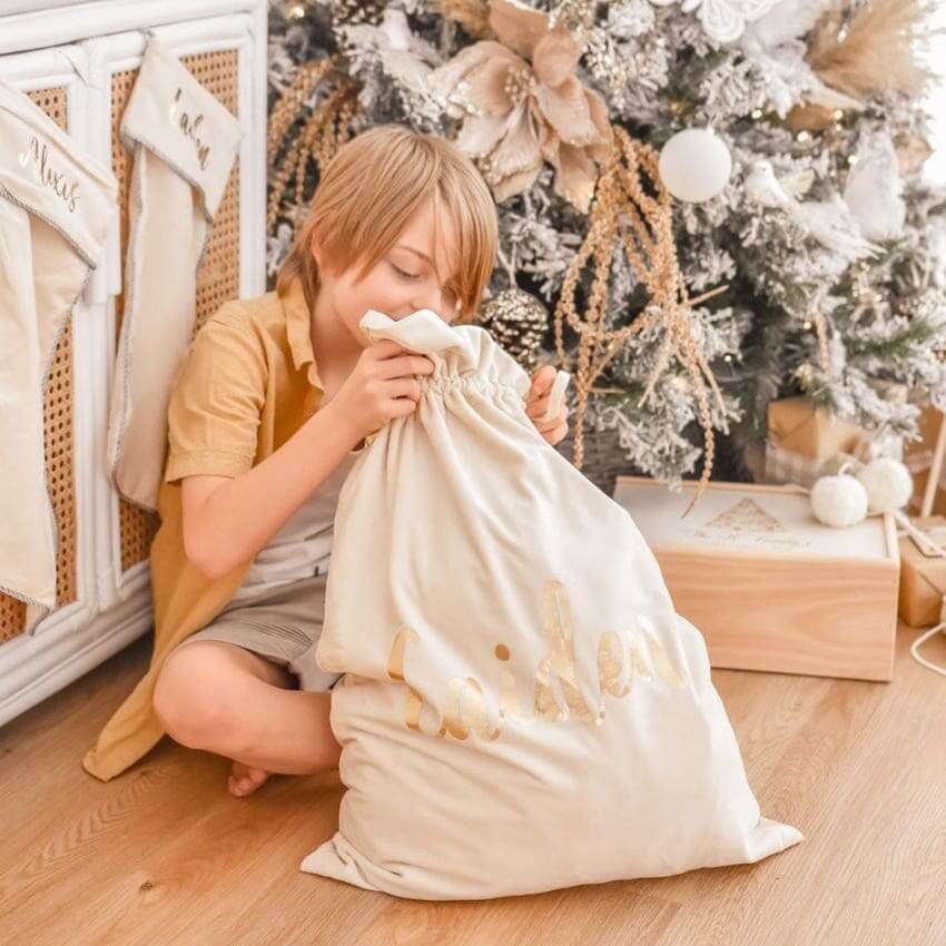 Personalised Santa Sack Cream | Velvet Kids Christmas Sack - Lulu Babe