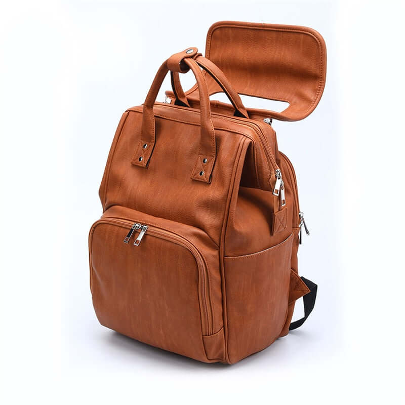 Faux Leather Baby Backpack | Madison Stylish & Practical Tan Nappy Bag - Lulu Babe
