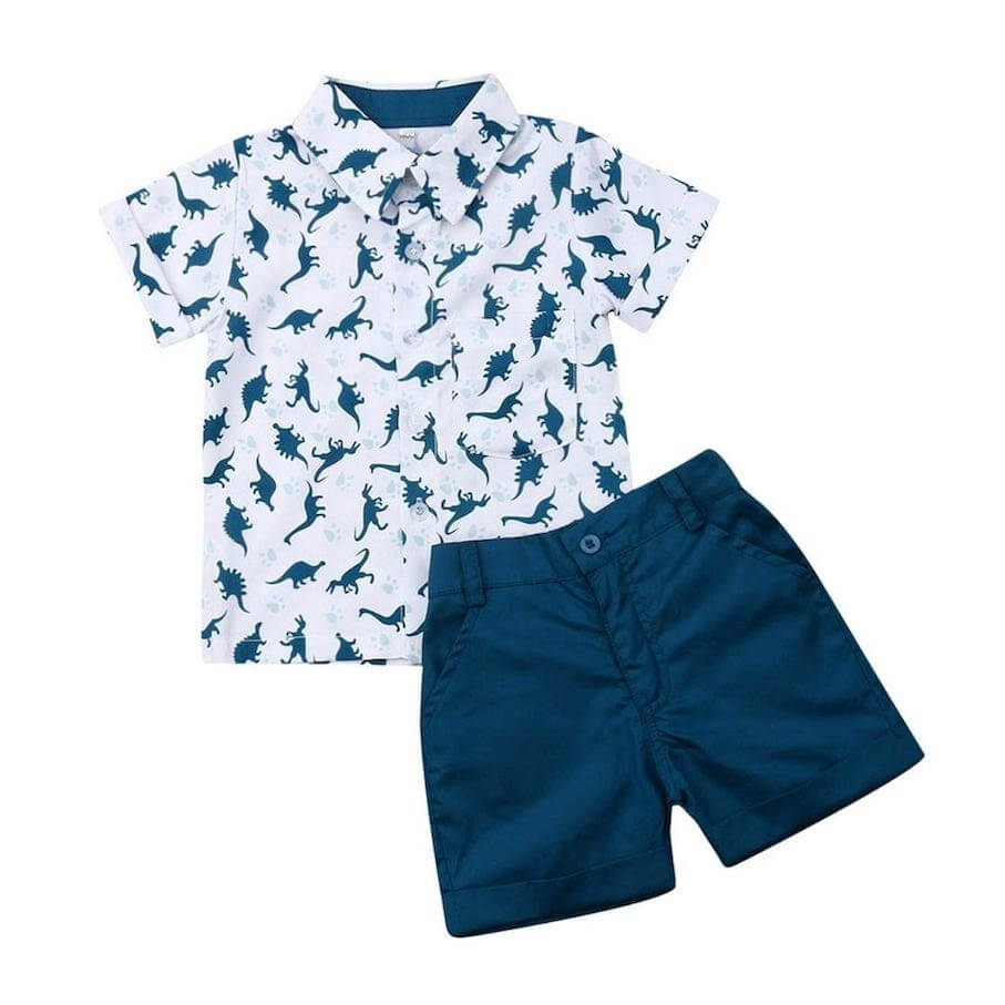 Navy Dino Toddler Outfit | Boys Dinosaur Shirt & Shorts Set - Lulu Babe