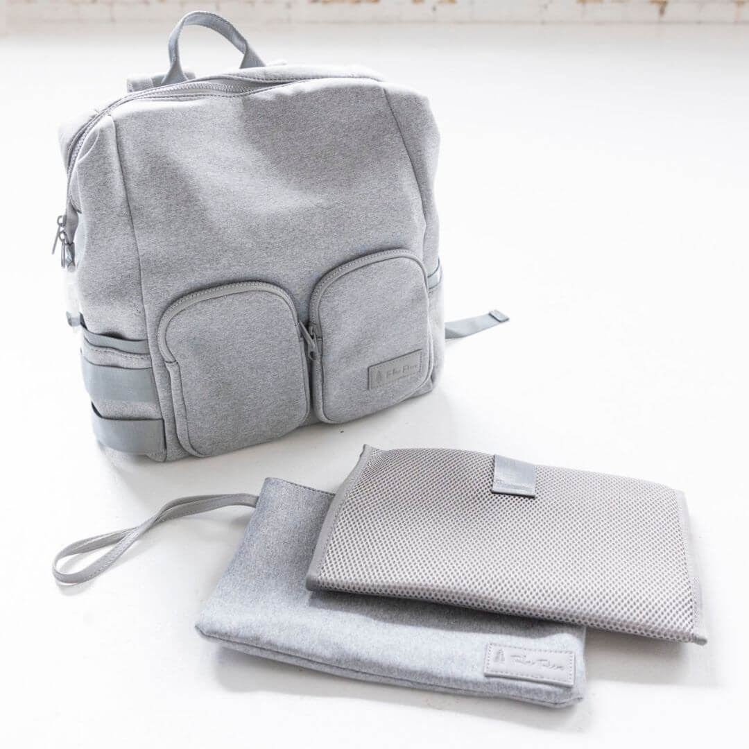 Grey Neoprene Nappy Backpack with matching wet bag and change mat