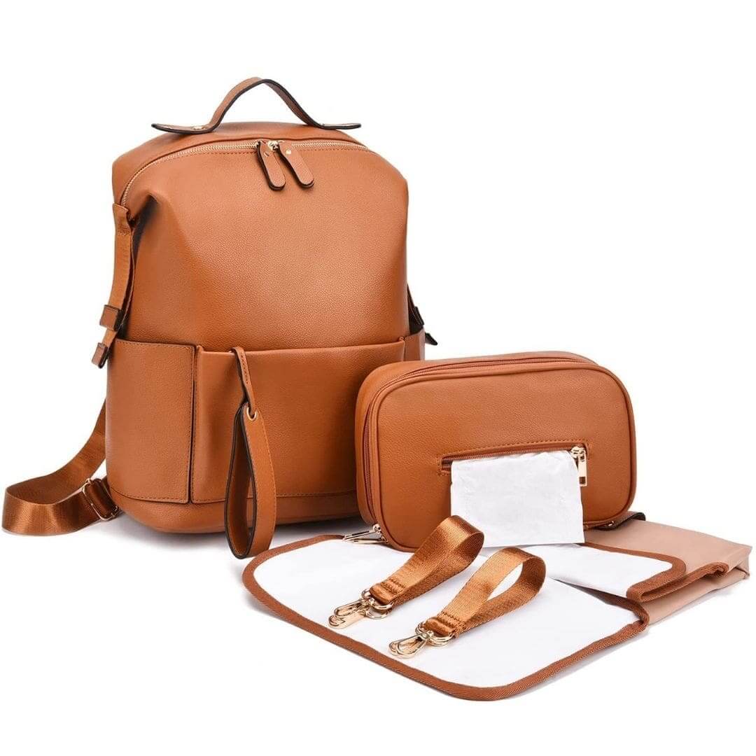 Penelope Nappy Bag in tan vegan leather | Convertible Nappy Backpack - Lulu Babe