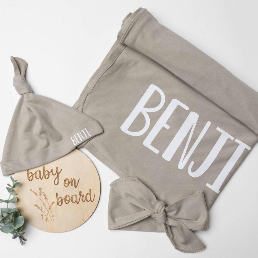 Personalised Swaddle and Beanie Set in stone | Thoughtful Newborn Gift