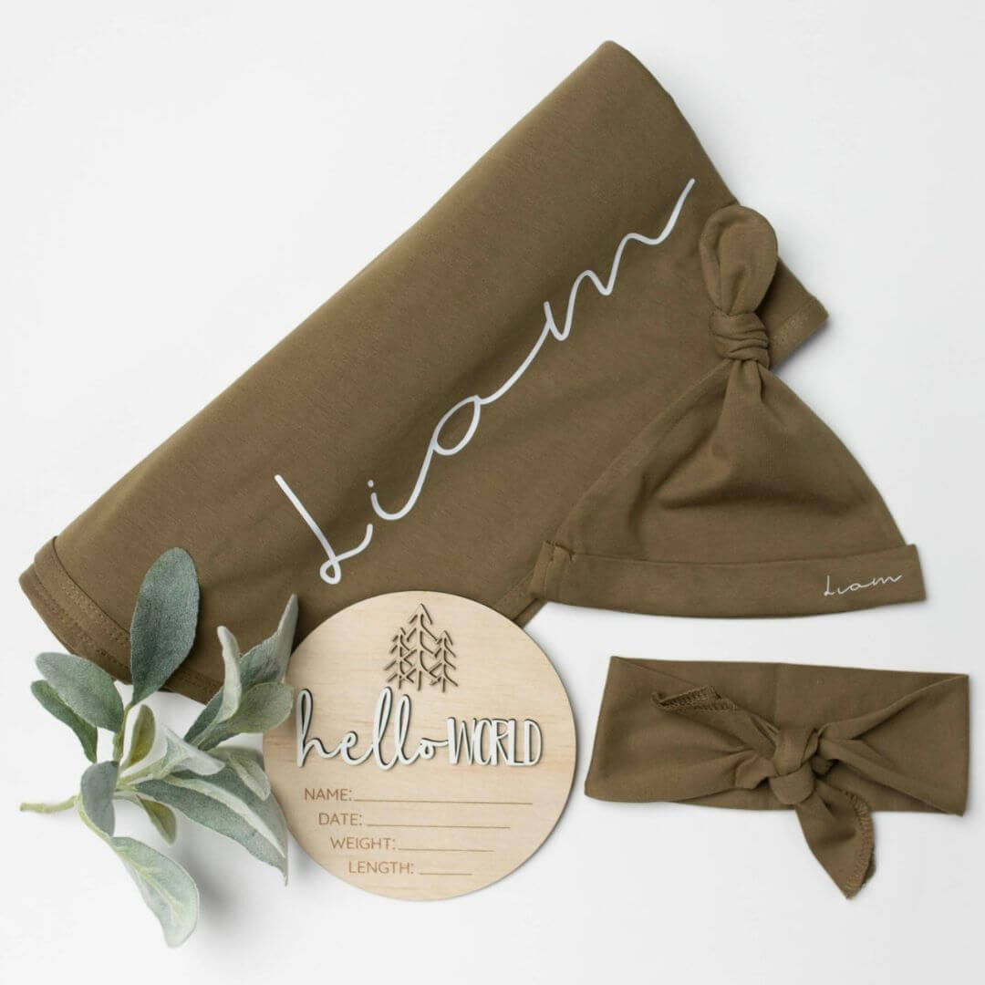 Personalised Swaddle and Beanie Set in olive | Newborn Gift