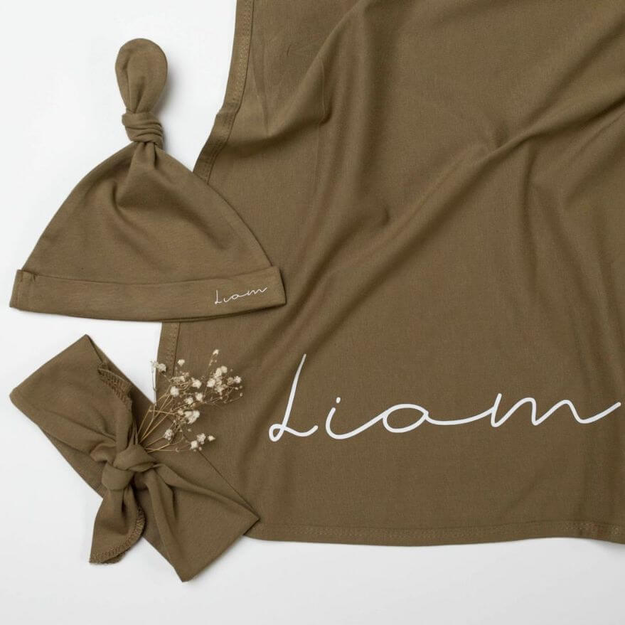 Personalised Swaddle and Beanie Set in olive | Newborn Gift