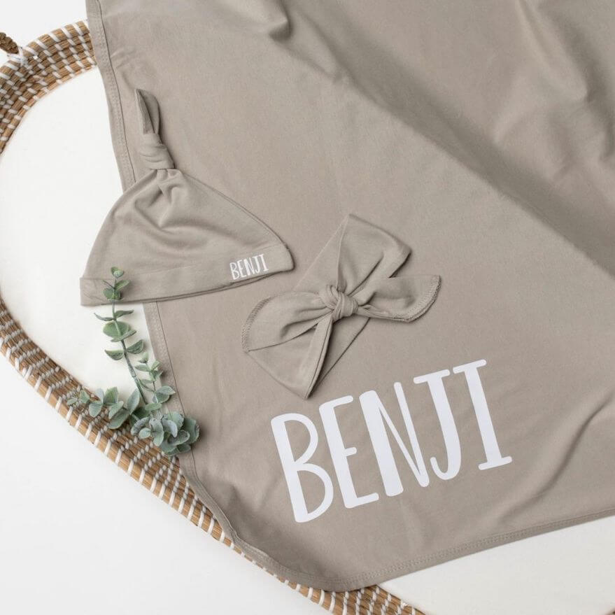 Personalised Swaddle and Beanie Set in stone | Thoughtful Newborn Gift