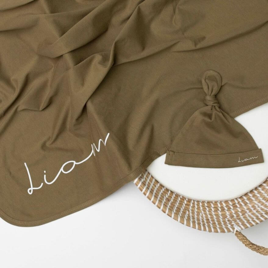 Personalised Swaddle and Beanie Set in olive | Newborn Gift