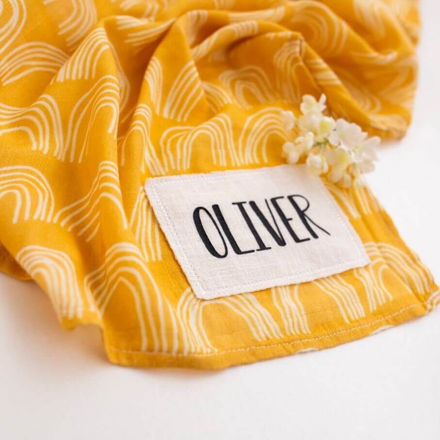 Personalised Yellow Muslin Swaddle - rainbow design with baby's name - Lulu Babe