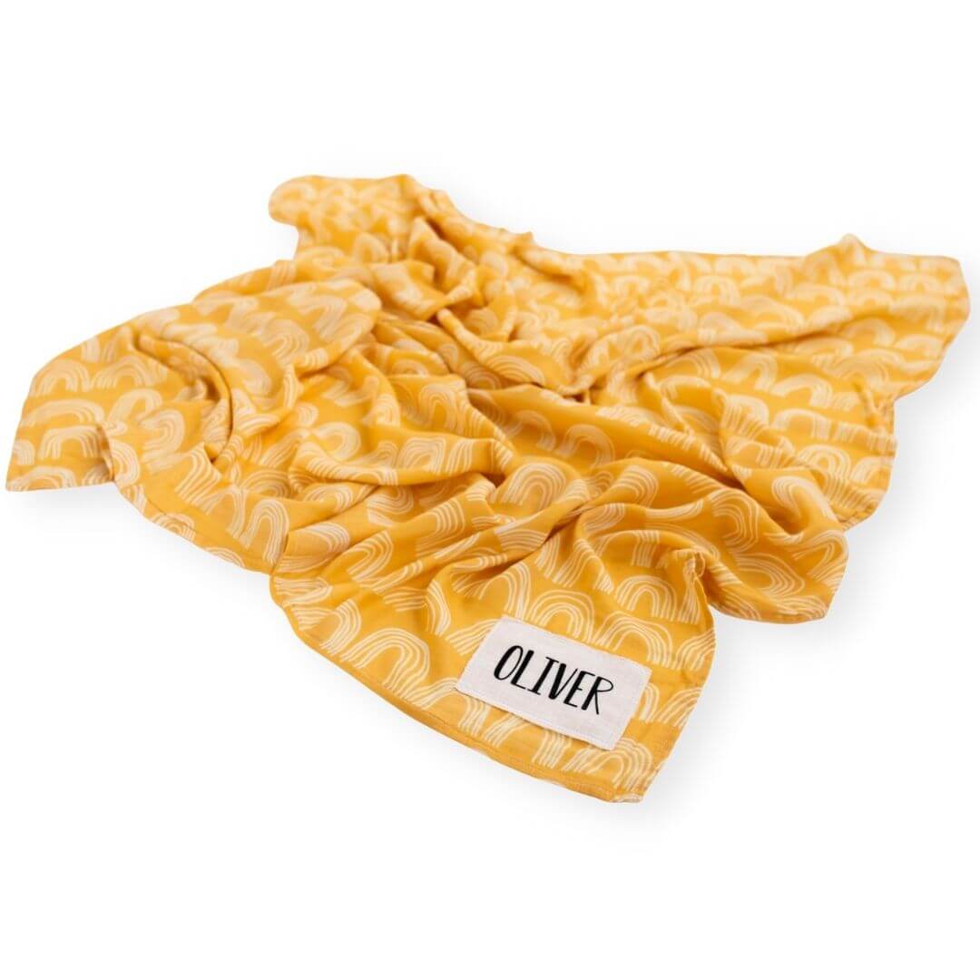 Personalised Yellow Muslin Swaddle - rainbow design with baby's name - Lulu Babe