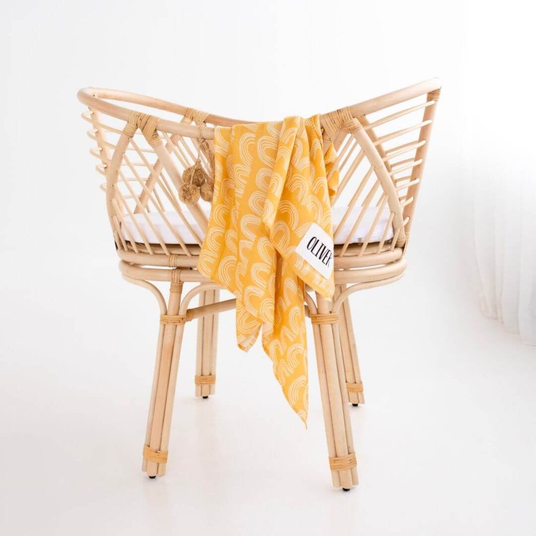 Personalised Yellow Muslin Swaddle - rainbow design with baby's name - Lulu Babe