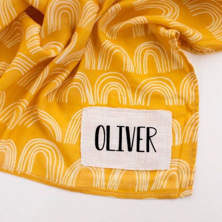 Personalised Yellow Muslin Swaddle - rainbow design with baby's name - Lulu Babe