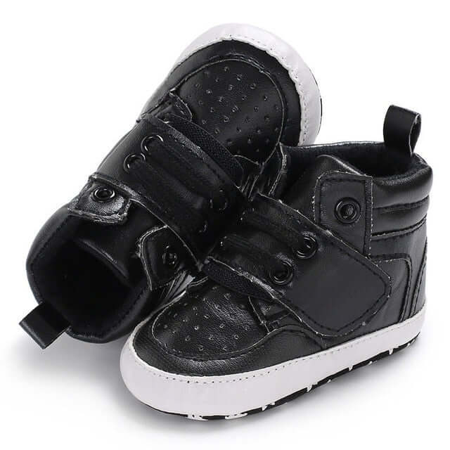 High Top Baby Sneakers Black | Stylish Faux Leather Baby Shoes - Lulu Babe