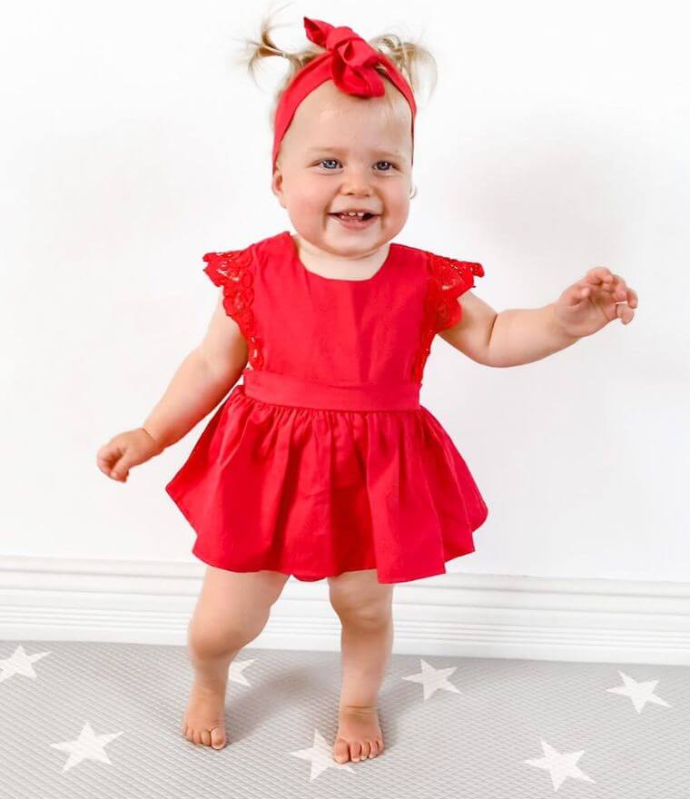Baby girl wearing Red Lace Romper Dress (in 0-6 months, 6-12 months, 12-18 month &  18-24 months) - Lulu Babe